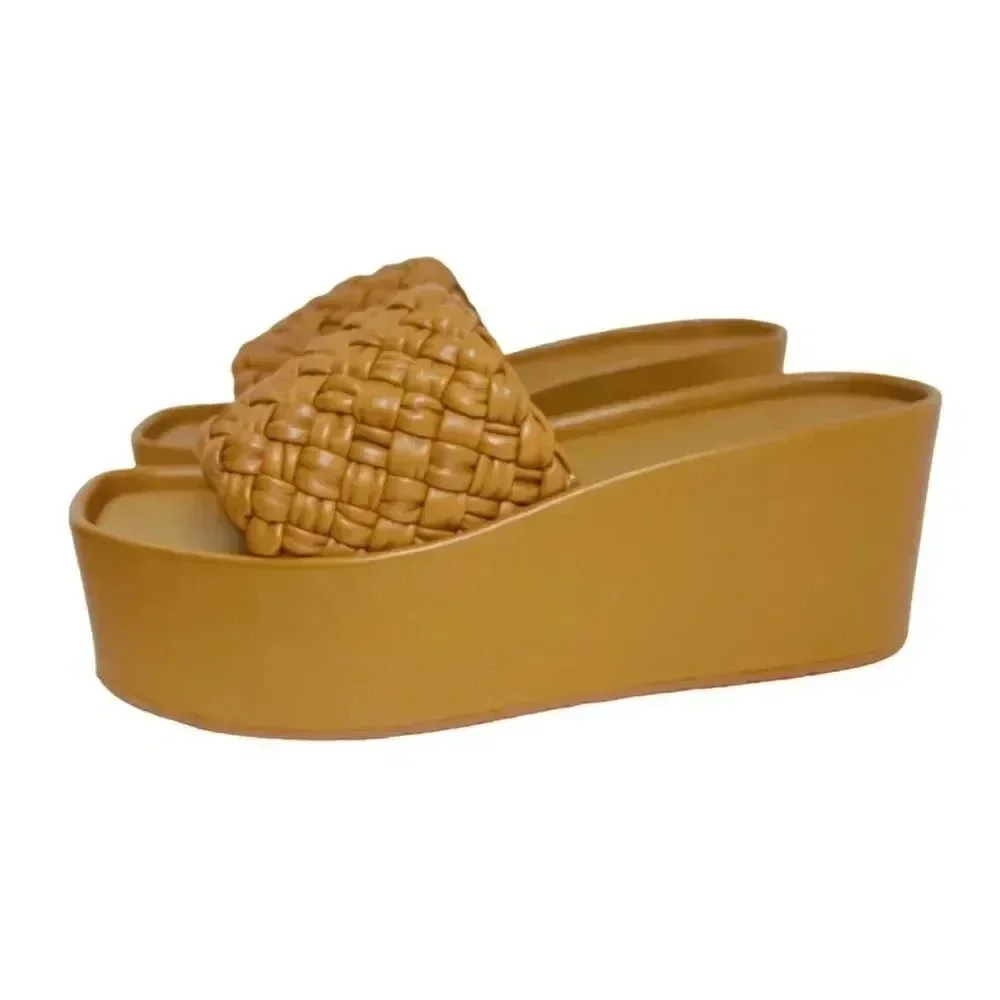 Vince Mari Tan Woven Leather Platform Wedge Sandals Women's Size 9